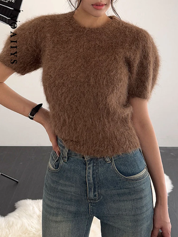 Aoaiiys Casual Sweater Women's Simple Vintage Loose Jumpers O Neck Short Sleeve Knitwear Pullover New Women's Winter Clothing
