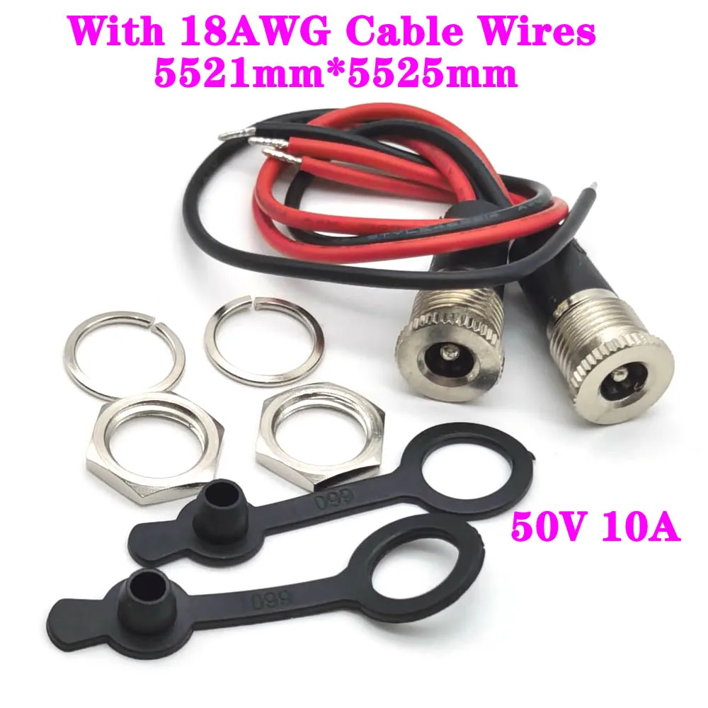 

1/2pcs 50V 5.5 x 2.1mm 5.5 x 2.5mm 10A DC Power Socket Threaded Female DC099 Connector Adapter With 18AWG Cable Wires DC-099