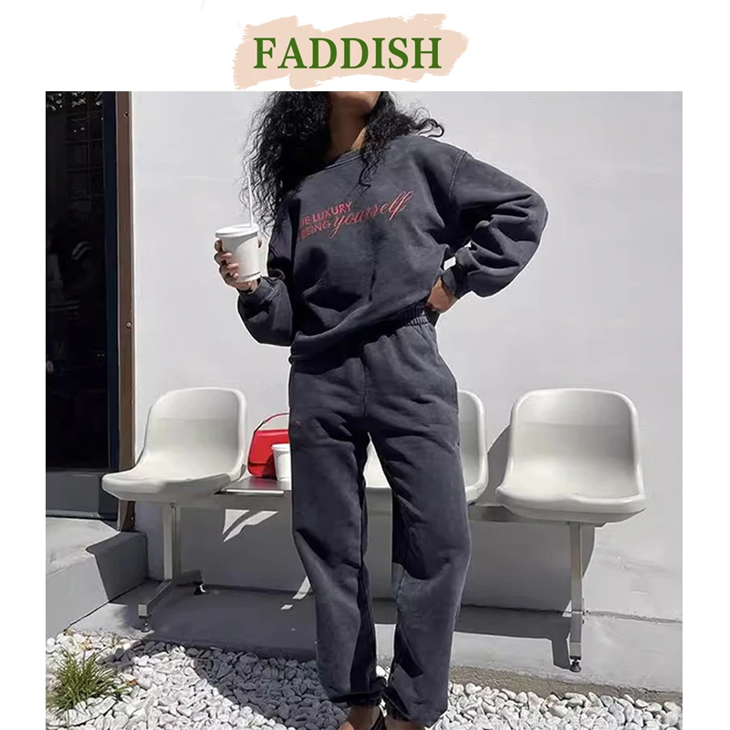 FADDISH-Loose Round Collar Top and Casual Pants Set for Women, Long Sleeve, Printing, Female Fashion, Autumn, Winter, 2025