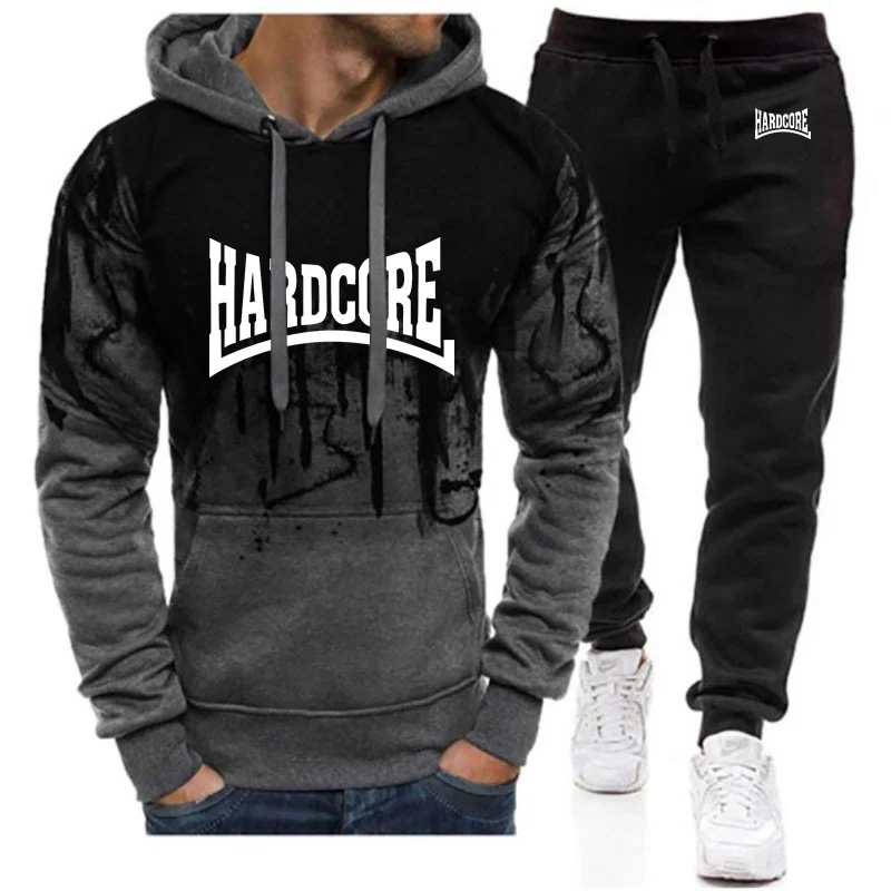 

Hardcore Men's New Spring and Autumn Casual Printing Pullover Hoodie + Sweatpants Harajuku Gradient Color Two Piece Suit