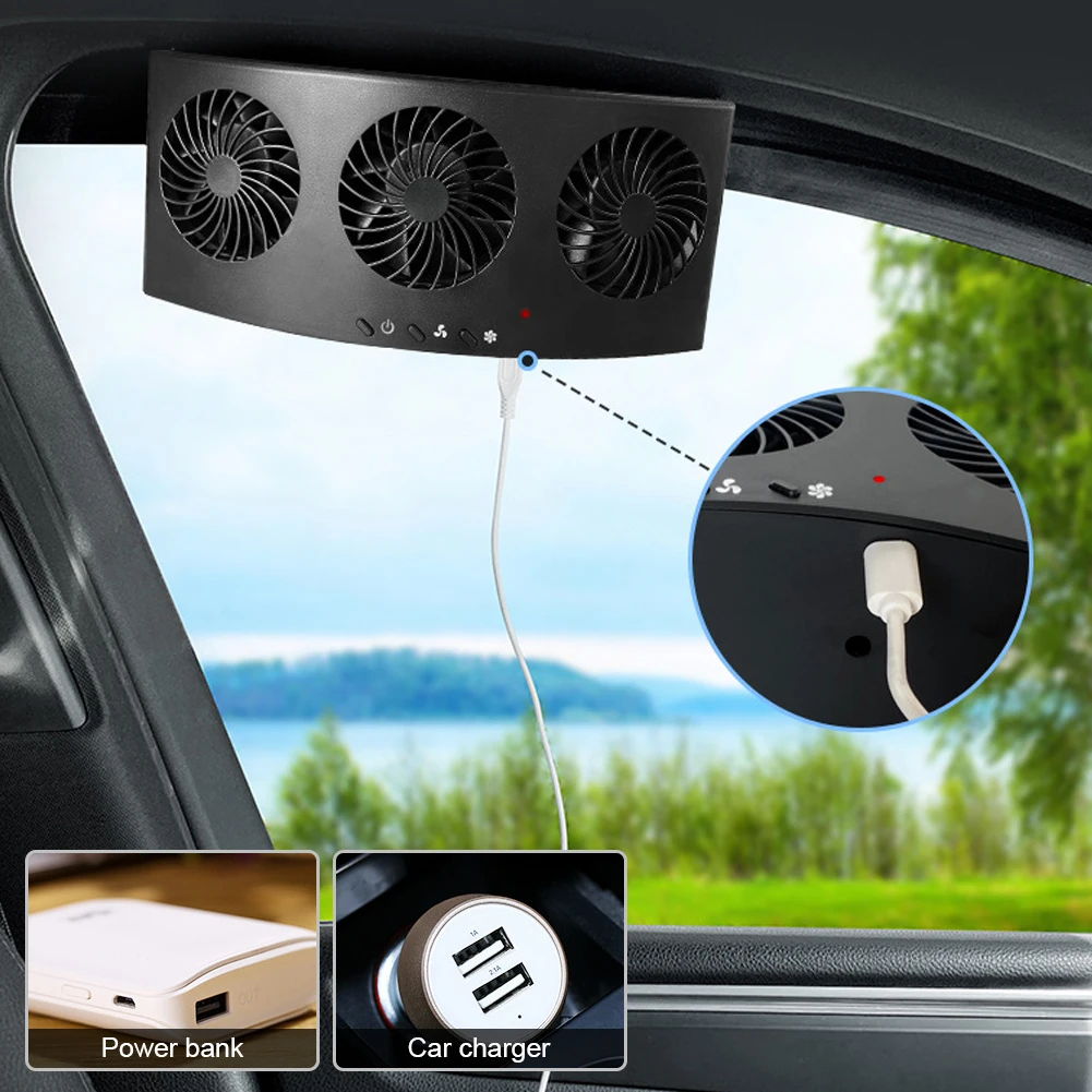 Car Exhaust Fan 3-Head Cooling Fan USB Powered Car Air Purifier Radiator Fan Window Vent Cool Ventilation Interior Accessories