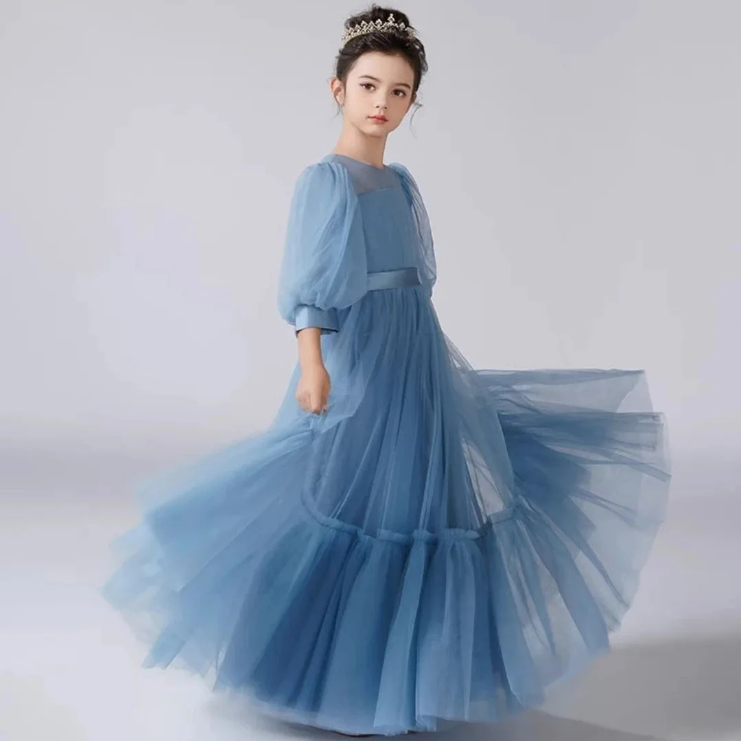 Abito da ragazza di fiore in tulle a strati personalizzato con fiocco Matrimonio Compleanno Cintura blu grigia Mezza manica per banchetti Abiti da santa comunione