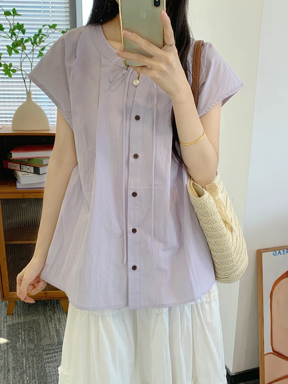 

Spring 2025 AAMY2025 Korean Sle round Ne Ribbon ort Sve Women's Loose irt Design Sense Casual Cotton Top