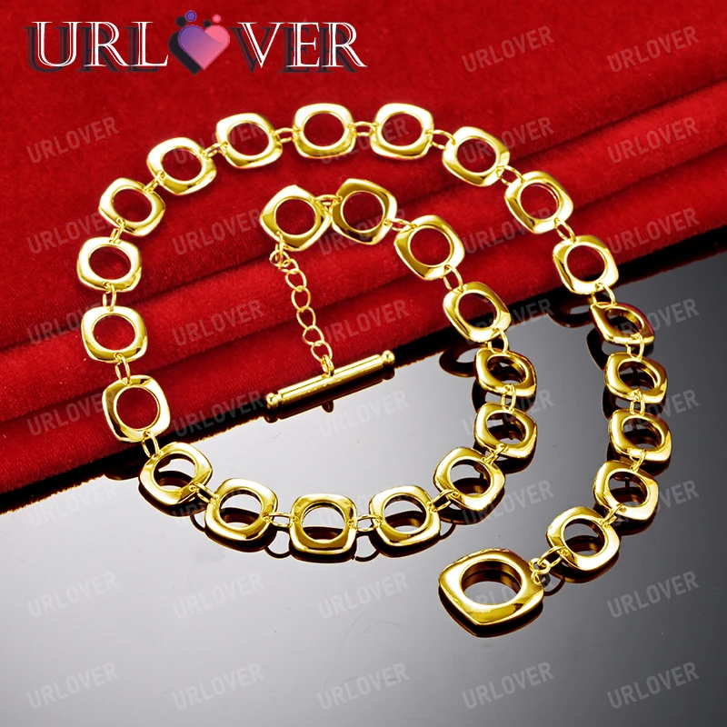 

URLOVER 18K Gold Necklace For Woman Square Link Chain Necklaces Lady Fashion Party Wedding Engagement Jewelry Cute Birthday Gift