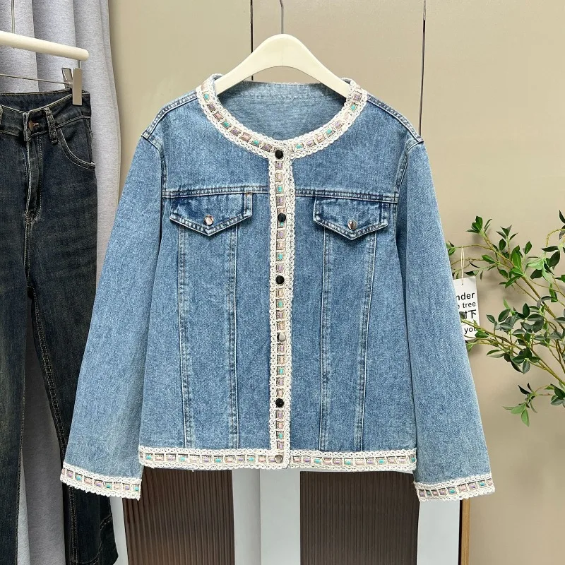 

Oversize Loose Denim Jacket Women's Short Jean Coat Spring Autumn Single-breasted O-neck Lace-edge Casual Top Vintage Chaqueta