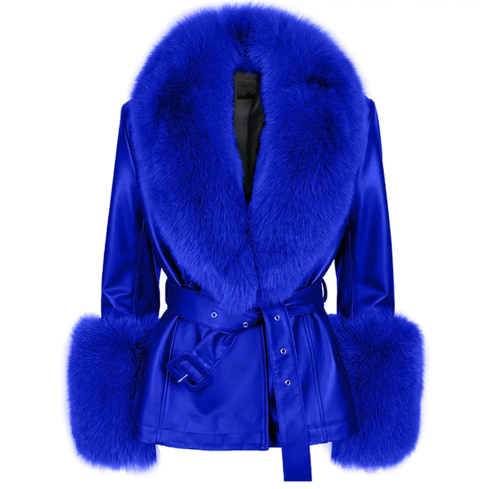 

Denny&Dora Women Real Fox Fur Collar Genuine Leather Coat Trench Coat Short Fur Jacket