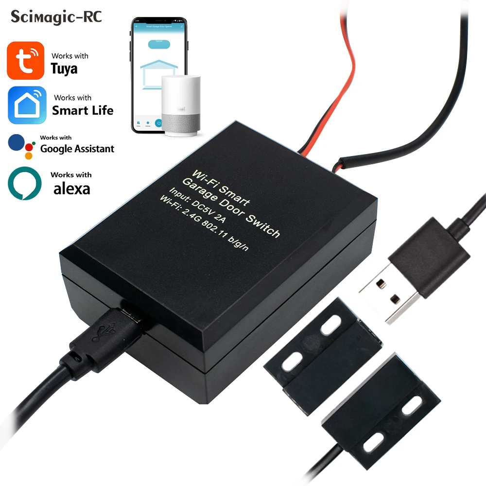 Tuya WiFi Smart Garage Door Opener Controller DC 5V, Work with Alexa, Google Home, SmartLife, Tuya App Control, No Hub Required
