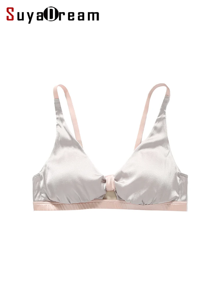 SuyaDream, Damskie biustonosze jedwabne, 92% prawdziwego jedwabiu, 8% spandex, bez fiszbin, biustonosz z miseczkami trójkątnymi, nowa kolekcja bielizny 2026, srebrny, różowy