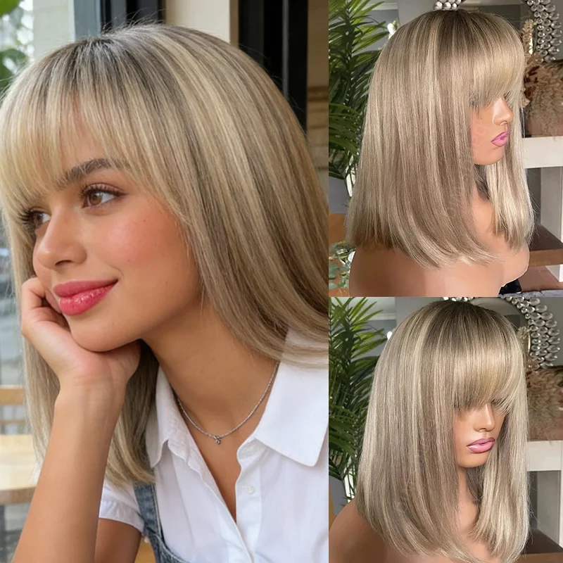 

Натуральный синтетический парик с высокой плотностью волос, золотисто-коричневый блонд, для женщин, термостойкий, с челкой, для повседневного использования