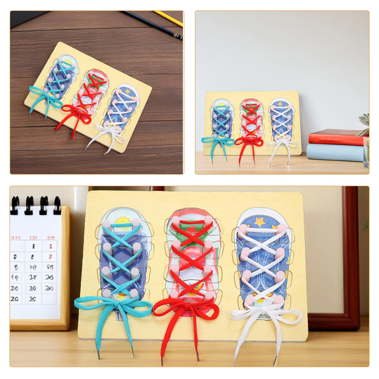 Placa de amarração de cadarço de madeira, ferramenta de aprendizagem pré-escolar para crianças, artesanato, treinamento de habilidade, educação precoce, quebra-cabeça para pequenos