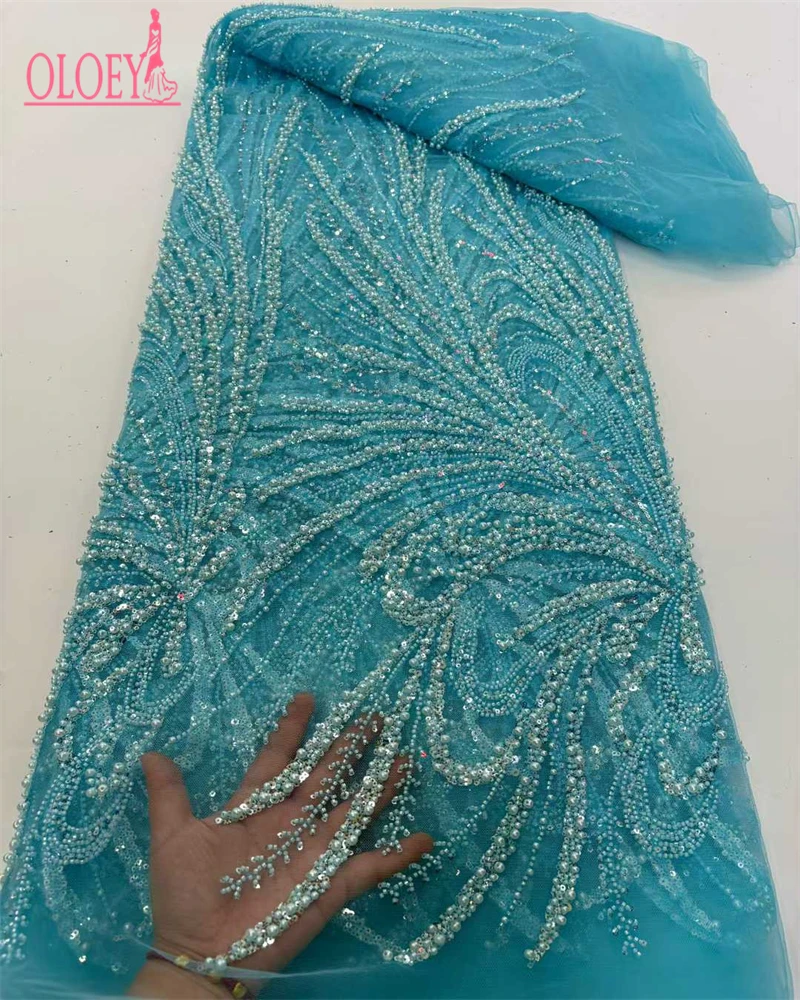 Kain Brokat Afrika OLOEY, Kain Brokat Berhias Manik-Manik Buatan Tangan, Payet Prancis, Bordir Nigeria, Kain Brokat Jala untuk Menjahit