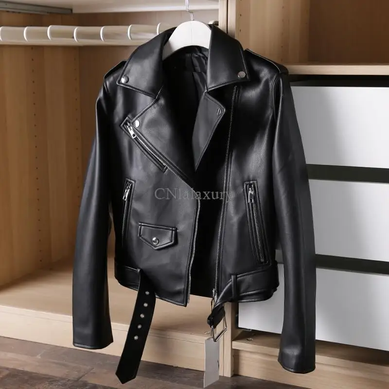 2024 Spring Autumn Women Blue Faux Leather Jacket Ladies With Belt Zipper Biker Coat Female Casual  motorcycle Jackets Outwear