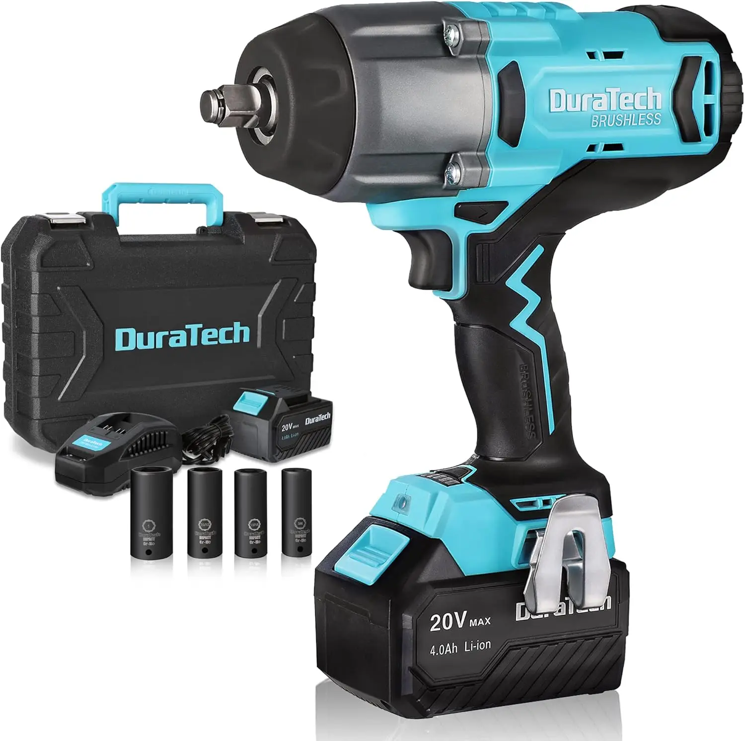 

20V 1/2 Inch Cordless Impact Wrench, 600 Ft-Lbs, Brushless Motor, 5 Settings, Fast Charge 4.0Ah Li-ion Battery, Sockets Included