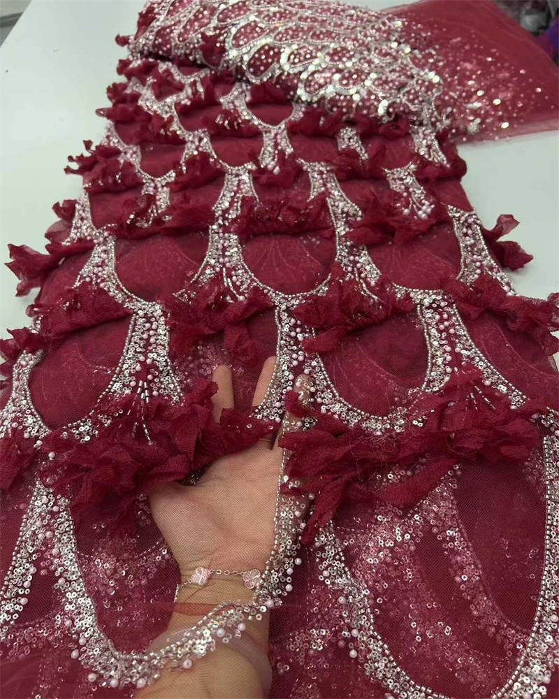 2025 African Handmade Sequins Net Pearls Lace Fabric French Heavy Beaded Tulle Lace Fabric For Bridal Party Dress Material