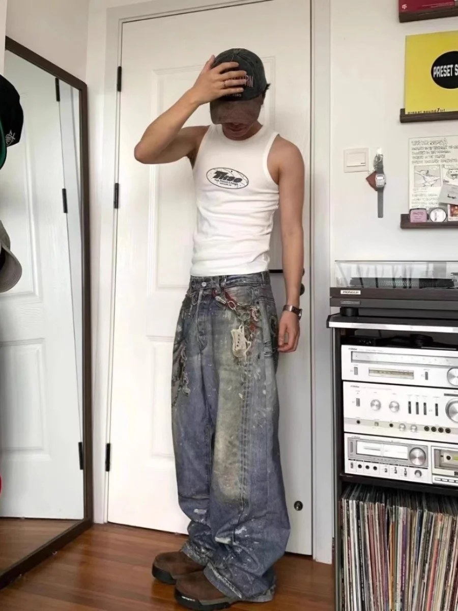 New Sle 3D Printed Chain Straight Leg Jeans American Vibe Trendy Brand Worn Look Emed Long Trousers for Teens