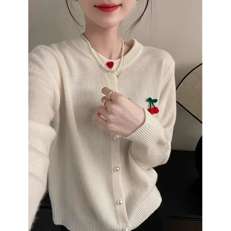 

Red Sweater Chic and Simple Round Neck Korean Style Versatile Knitted Cardigan Autumn and Winter New Top for Women