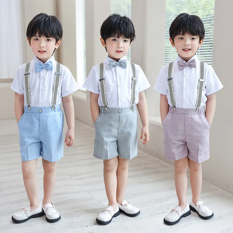 Gentleman Kids Summer Breathable School Suit Boys Shirt Shorts Strap Bowtie Photography Costume Children Wedding Party Dress