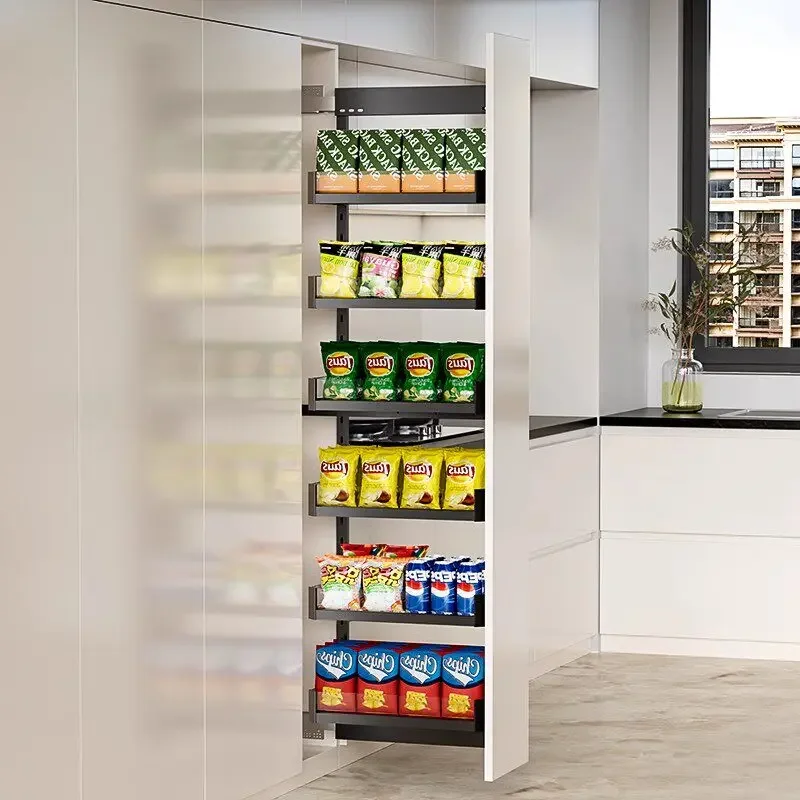 High cabinet side pull basket, refrigerator crevice rack, very narrow snack cabinet
