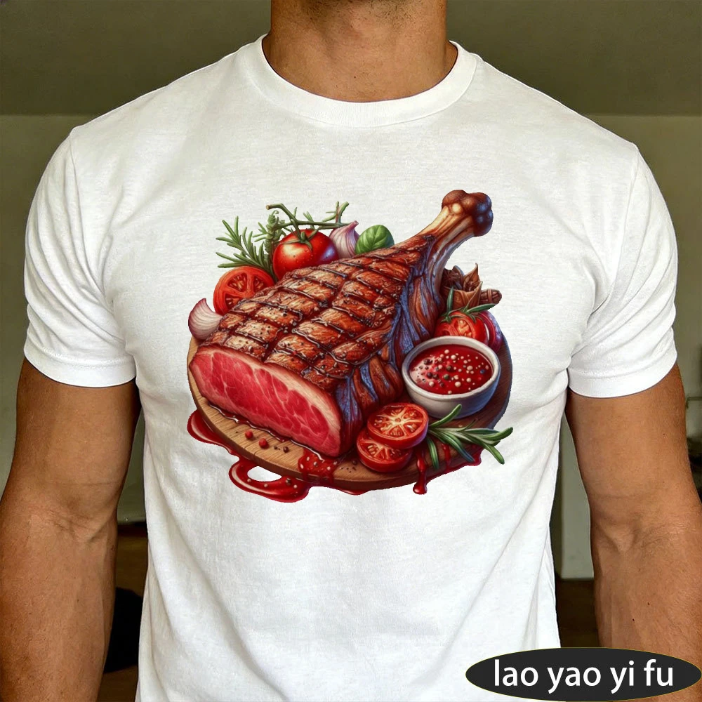 Camiseta de verano para hombre con gráfico de plato de madera y carne de tomahawk a la parrilla con salsa de tomate y hierbas, camiseta informal de manga corta con diseño realista de comida de barbacoa