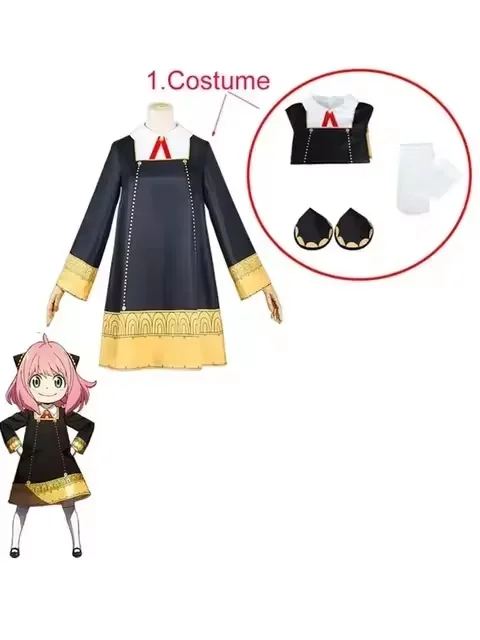 أزياء أنيمي جاسوس فاميلي أنيا فورجر للأطفال الصغار أزياء تنكرية كاواي فستان أسود للحفلات مجموعة شعر مستعار للنساء والفتيات في الهالوين