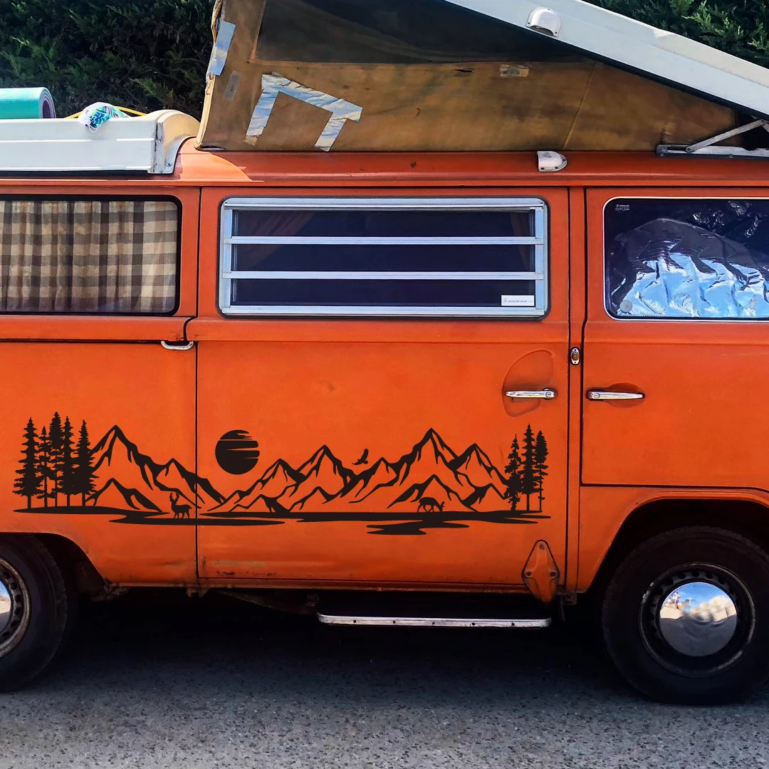 Calcomanía Personalizada para Autocaravanas, Decoración para Ventanas de RV, Calcomanía para Camionetas y SUV, Diseño de Ciervos en el Bosque y Montañas al Amanecer