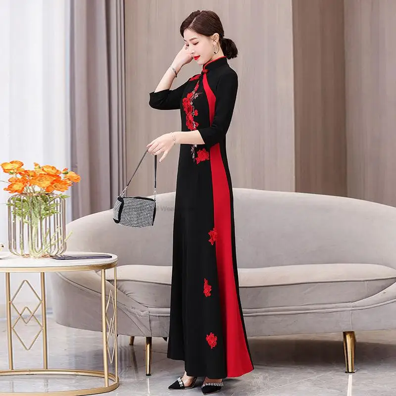 Ao Dai Cheongsam Folk Style Vietnam Aodai Elegant Women Flower Embroidery Traditional Dress Oriental Qipao Elegant Party Dress