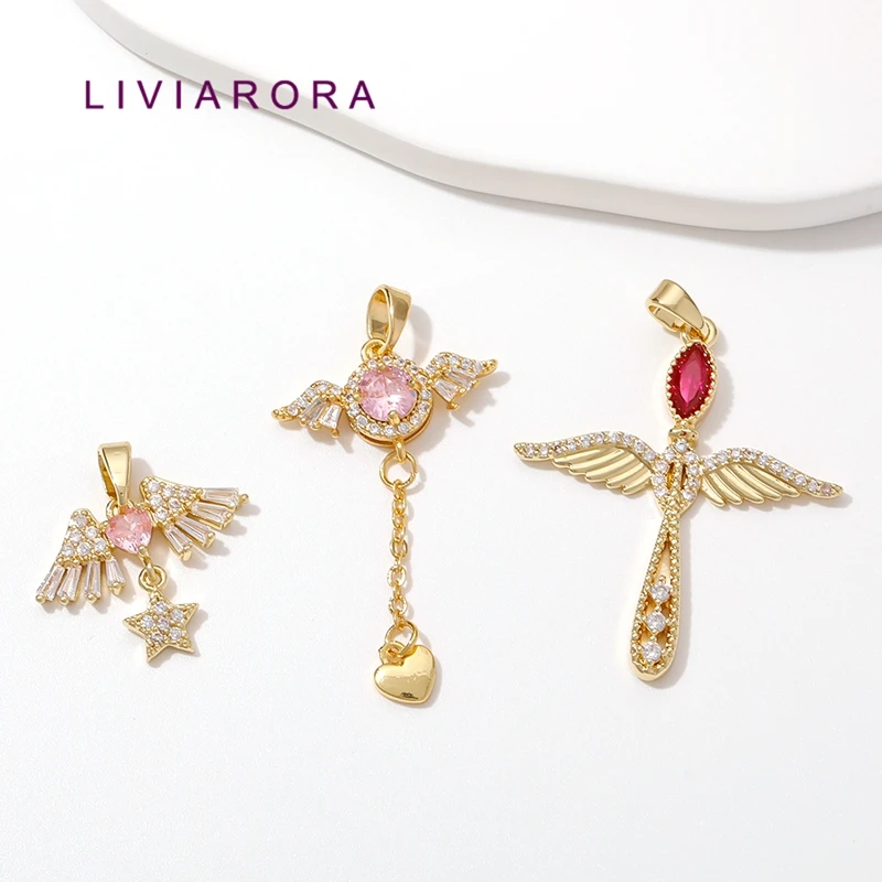 1Pc 18K Gold Plated Brass Angel Wing Pendant Pink Red Zircon Star Heart Guardian Angel Dangle Charms For Women Necklace Making