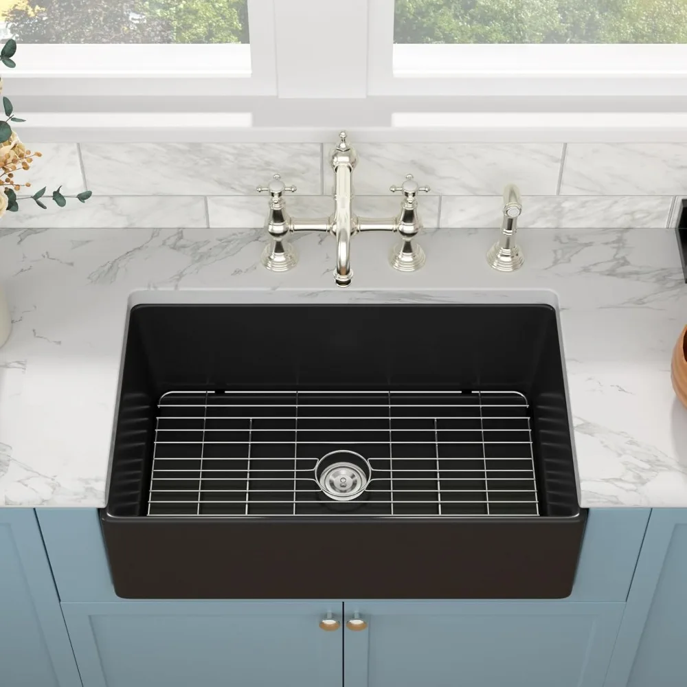 33 بوصة ماتي الأسود Fireclay السيراميك وعاء واحد المئزر حوض المطبخ الأمامي، نمط المزرعة التقليدية، الخزف المتين Constr #3