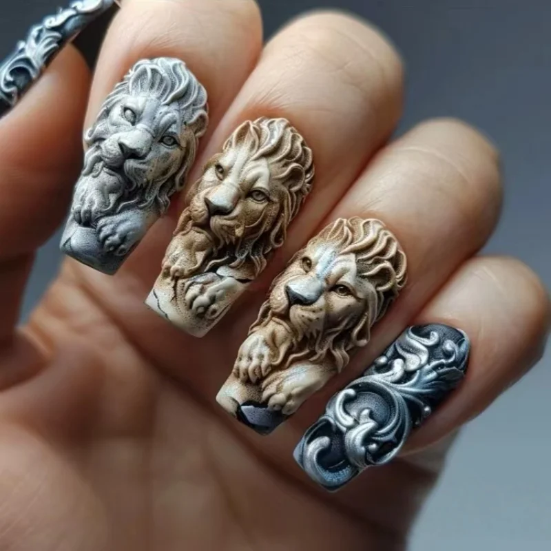 แม่พิมพ์เพ้นท์เล็บลายหัวเสือดาวหิมะ ลายหัวสิงโต ลายสัตว์และสัตว์ร้าย ตกแต่งเล็บแบบสามมิติ