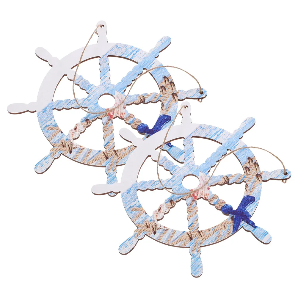Wood Rudder Wall Decor, Nautical Ship Wheel Hanging Ornament for Living Room, Mediterranean Ocean Theme