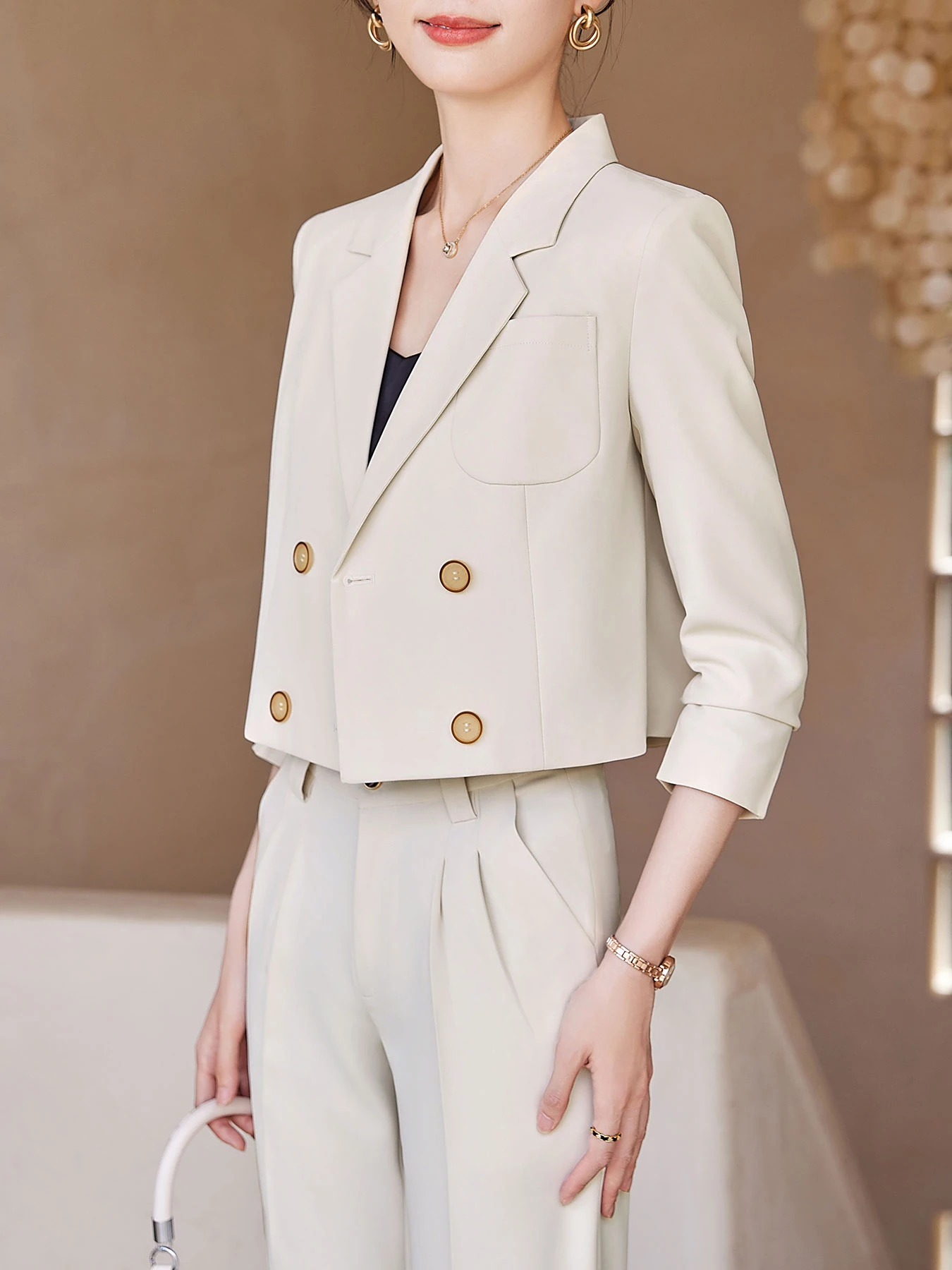 Short Double-Breasted Suit Trousers, Notch Collar Temperament Design Office Versatile Suit Set