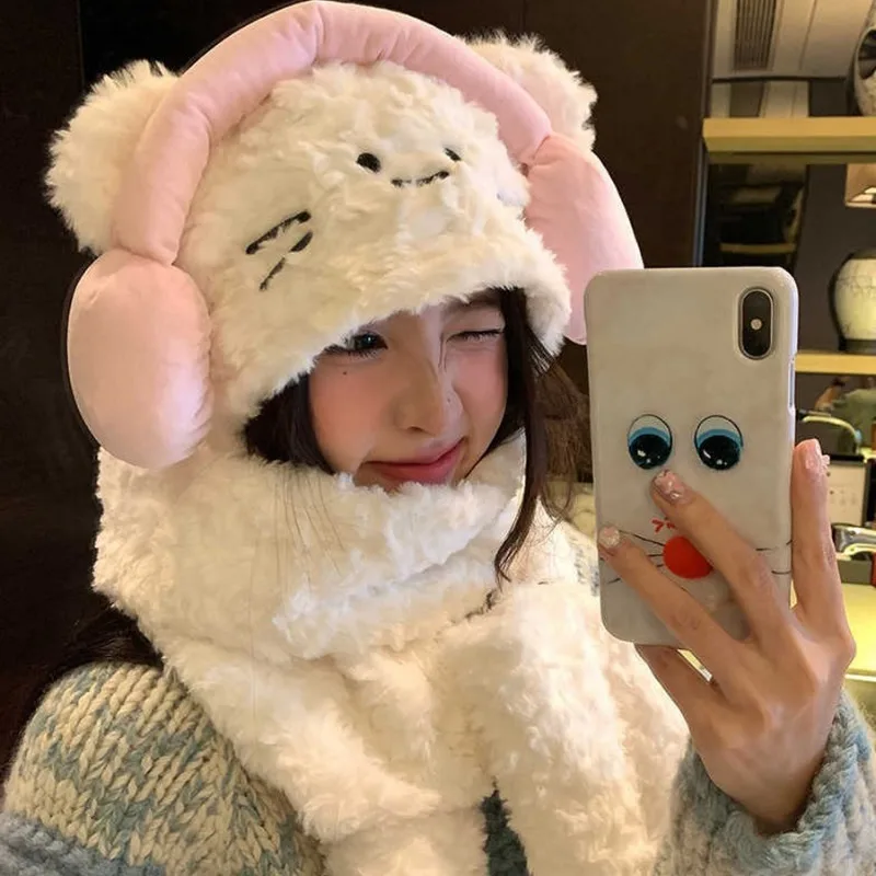 

Cartoon Cat Ear Caps Women Pink Big Headphone Winter Thicken Fluffy Plush Warm Hats Sweet Cute Ear Protection Cold-proof Scarf