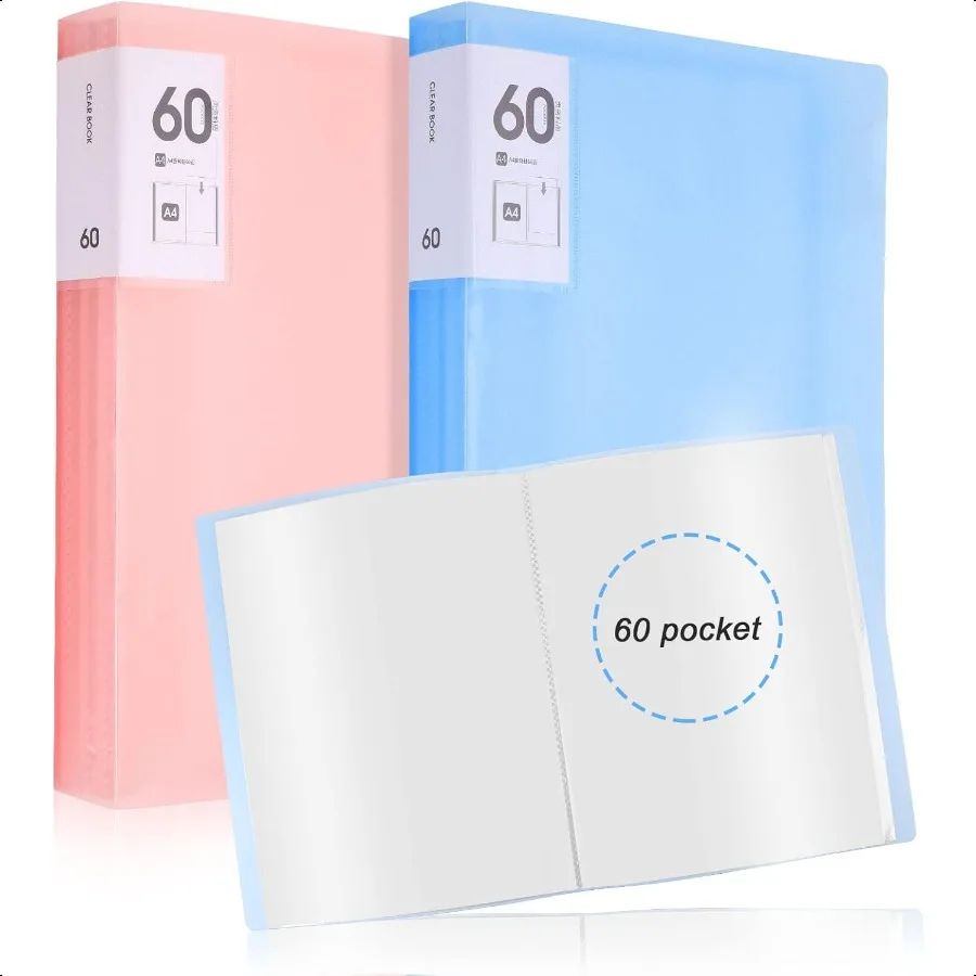 

60 Pocket Presentation Book with Clear Sleeves 2 Pcs Binder with Plastic Sleeves A4 Portfolio Book Folder with Sheet Protectors