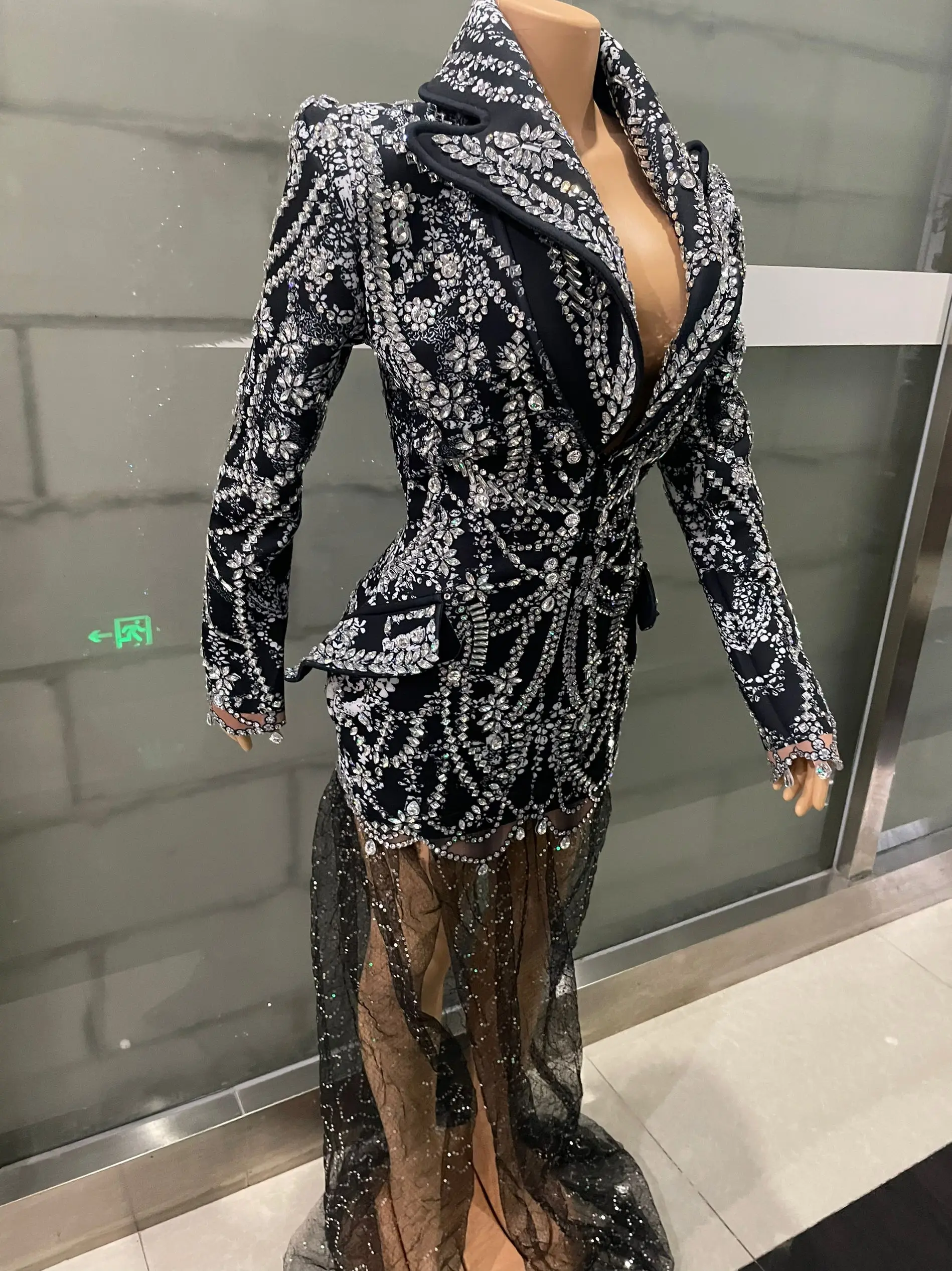 Kristalle Strass Abend Party Lange Tas Kleid Frauen Quaste Club Kleid Schwarz Sexy Jazz Sänger Tänzer Bühne Kostüme