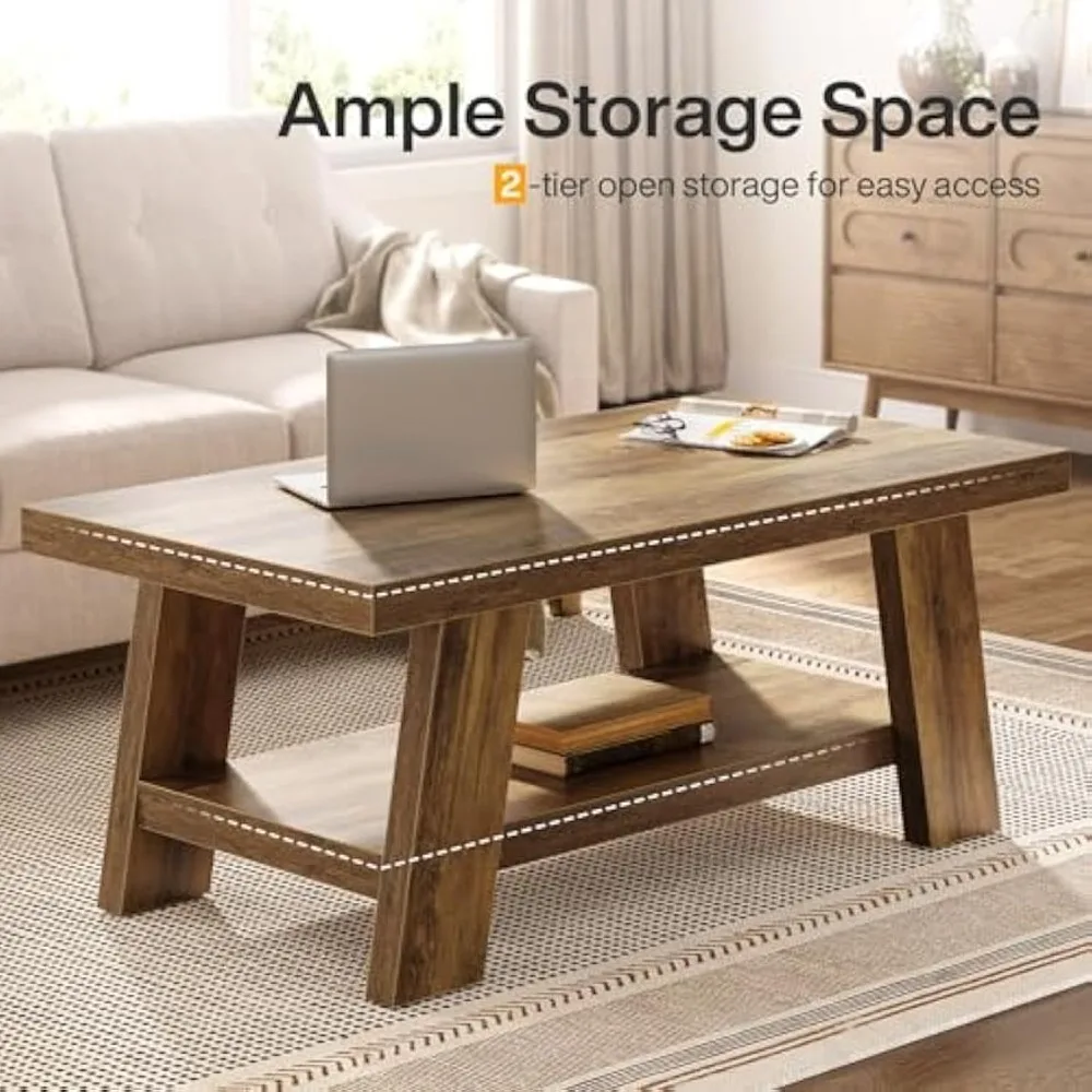 طاولة قهوة المزرعة، طاولات قهوة ريفية لغرفة المعيشة، طاولات غرفة المعيشة الخشبية المستطيلة مقاس 47.24 بوصة، طاولة مركزية من طبقتين مع