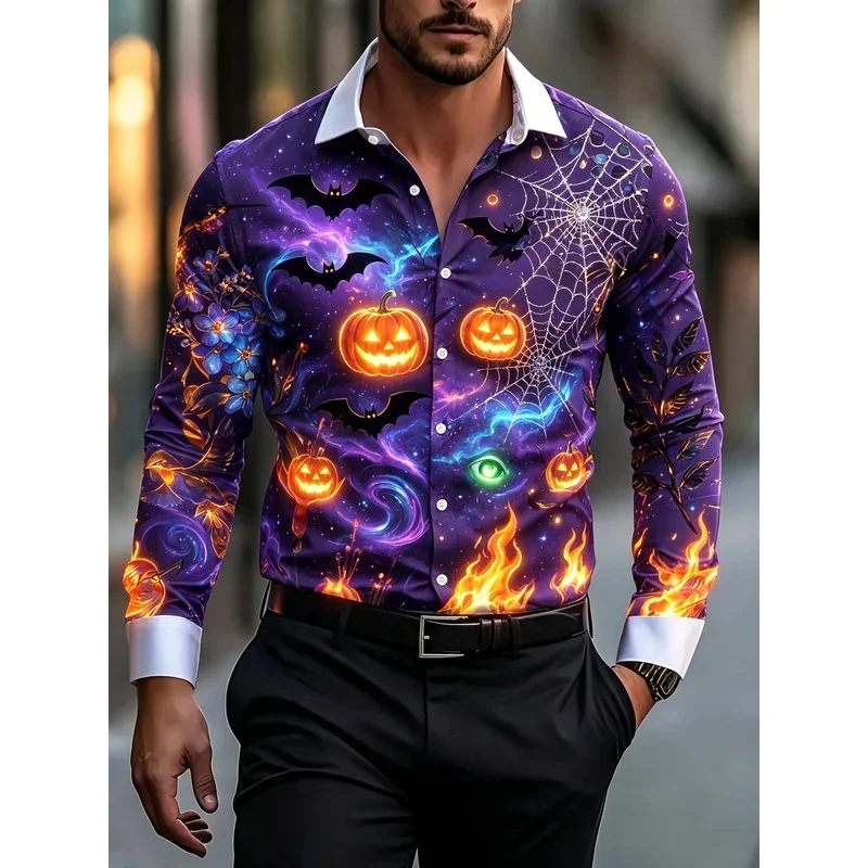 Men's Black Neon Halloween Ghost Pumpkin Print Long Sleeve Shirt Turn Down Collar Casual Party Button Up Shirts