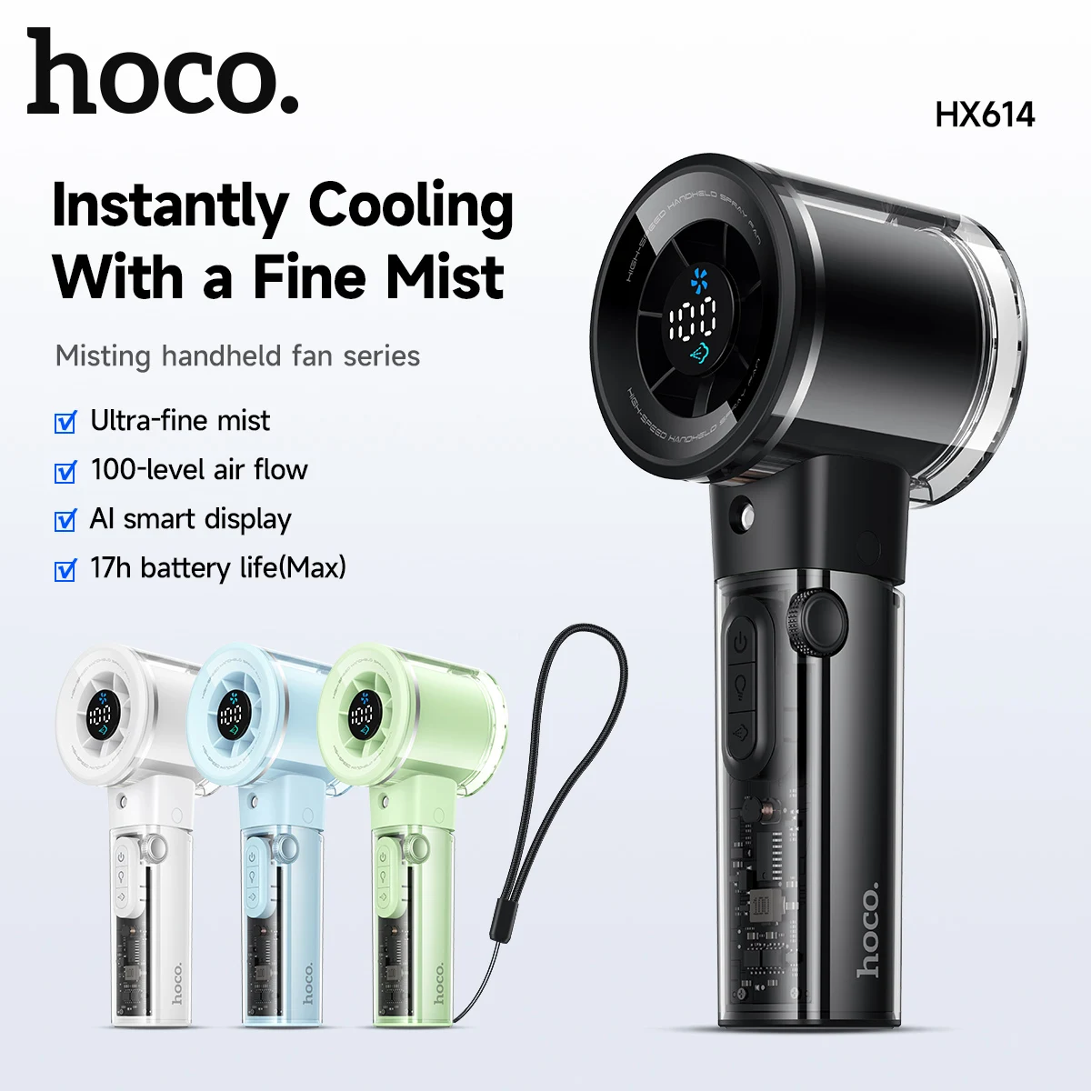 HOCO Tragbarer Eis-Kühlungs-Handventilator Transparent Wiederaufladbar 3000mAh LED Digital-Display Ventilator mit Wassersprühfunktion für Outdoor-Partys