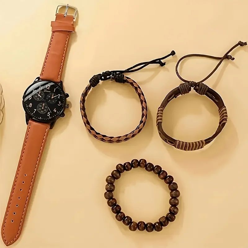 4pcs/set Men's Fashionable Retro Brown Quartz Watch and Woven Bracelet Set (No Box)