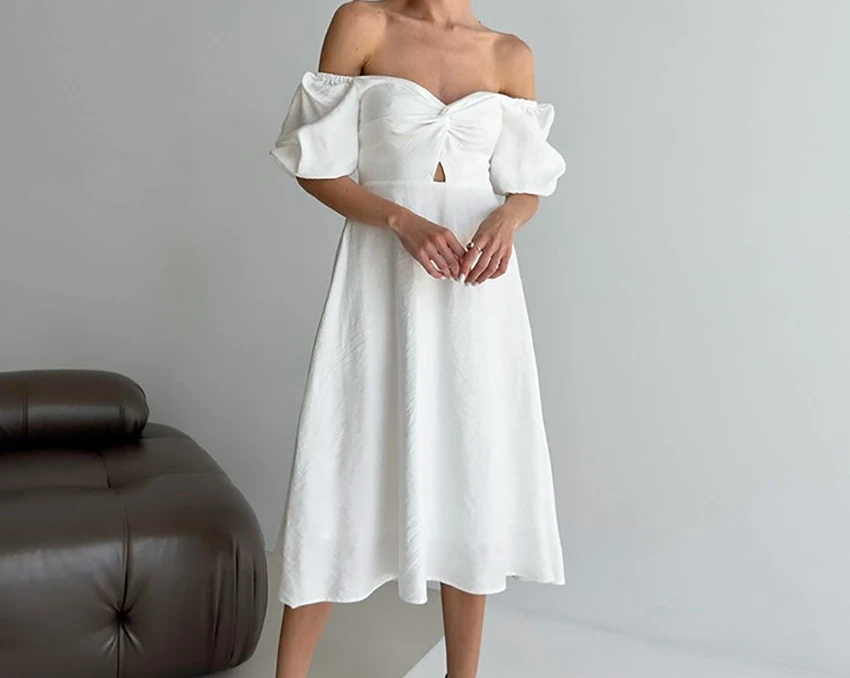 

Elegant Lantern Sleeve One-piece Collar Dress with 2026 Autumn Temperament Waist Cinched A-line White Skirt for Women's Wear