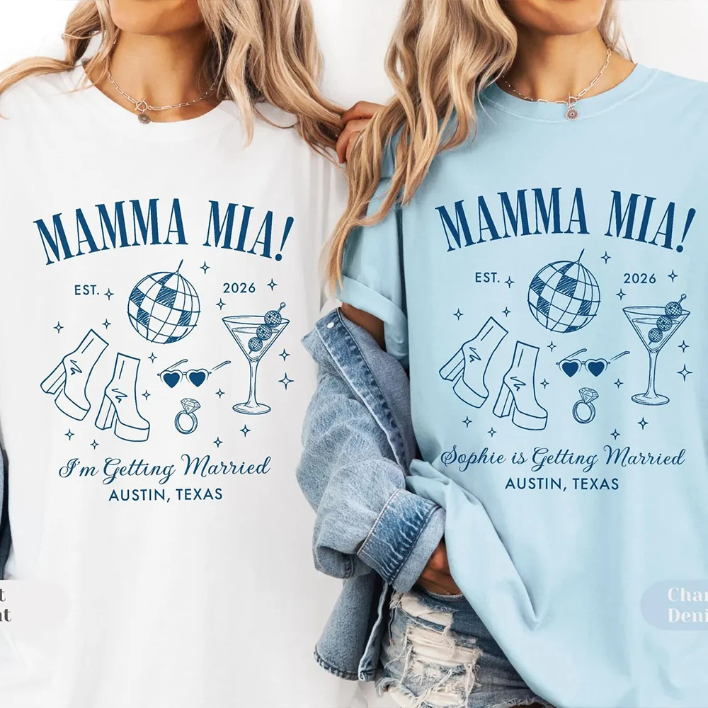 Women Personalized Mamma Mia Bachelorette Shirts Disco Ball Martini Glass Boots Graphic Top Bridal Shower Wedding Gift Tees