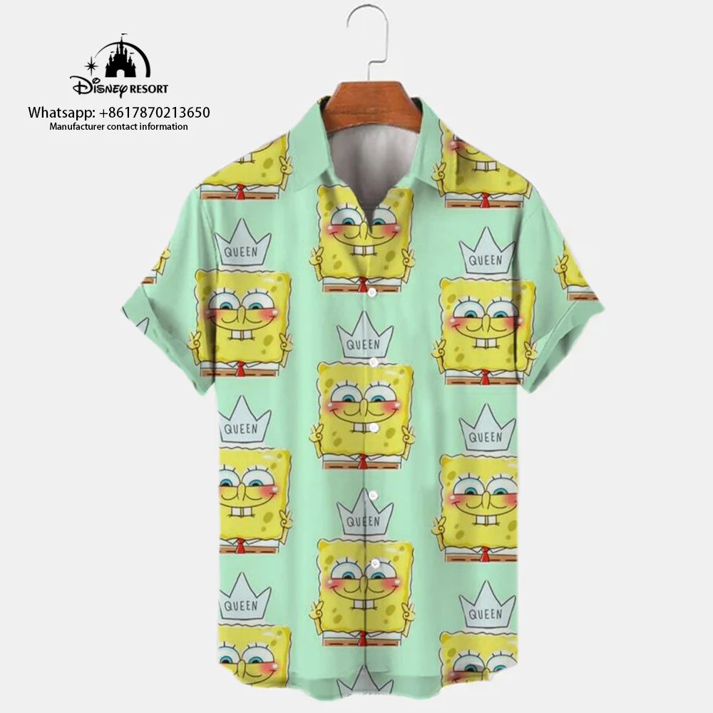 2023 Men\'s New Lapel Short Sleeve Single-Breasted Shirt Summer Spongebob Pattern Print Harajuku Casual Street Versatile Shirt