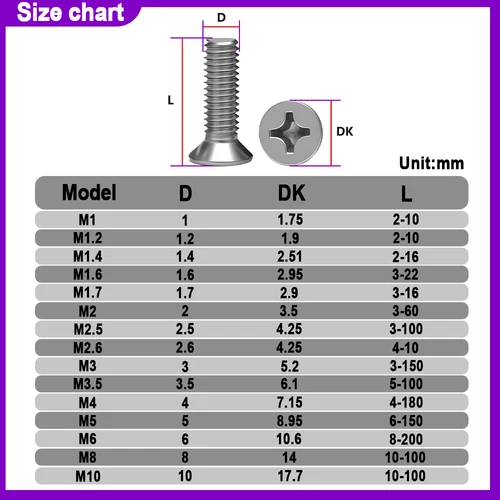 Imagen 2 del producto GB819 304 Acero inoxidable A2-70 Cruz Phillips tornillo de cabeza avellanada plana M1.6 M2 M2.5 M3 M3.5 M4 M5 M6 M8 M10 tornillo
