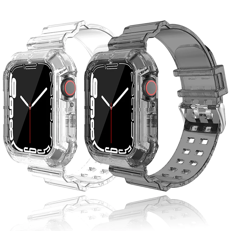 Tali bening + casing untuk Apple Watch 9 8 7 6 SE 5 3 2 tali plastik transparan untuk tali iwatch 38mm 40mm 44mm 42MM 41MM 45MM