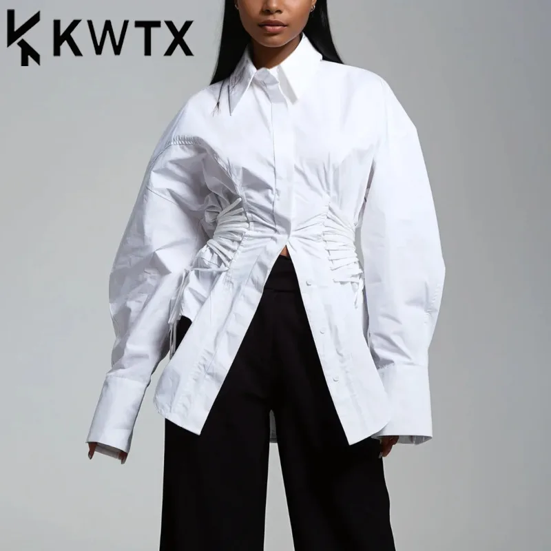 

KWTX Роскошная элегантная однотонная куртка-рубашка женская лоскутная блузка с завязками на талии и длинным рукавом шикарная дизайнерская блузка SS25 пальто премиум-класса