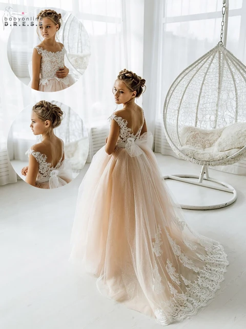 Robes De Demoiselle D honneur En Dentelle Pour Filles Robe De Noel Pour Enfants Robe De Bal De Premiere Communion Avec Train 2022 Fleur Fille