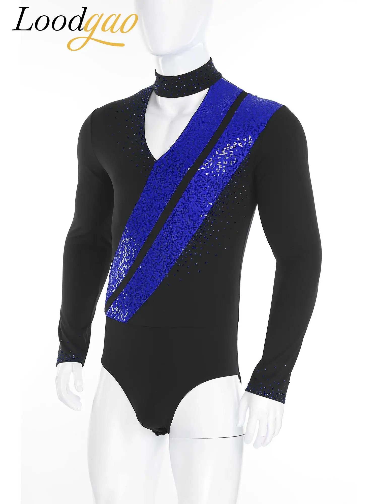 ชุดบัลเลต์ชาย แขนยาว ชุดยิมนาสติกเลอทาร์ด ประดับเลื่อม ชุดกายกรรม บอดี้สูท ชุดเต้นลาติน จั๊มสูท ชุดเต้นฟิกเกอร์สเก็ต