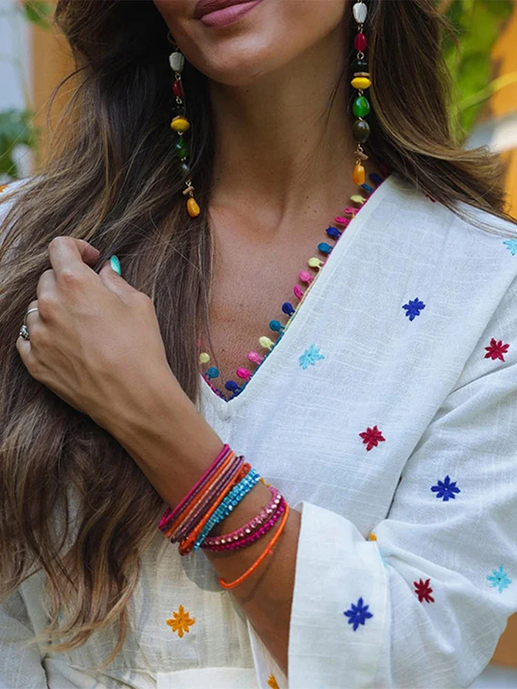 Vestido elegante bordado de manga comprida para mulheres, vestidos com fenda plissada com decote em V, pacote feminino casual solto de quadril, verão, 2024