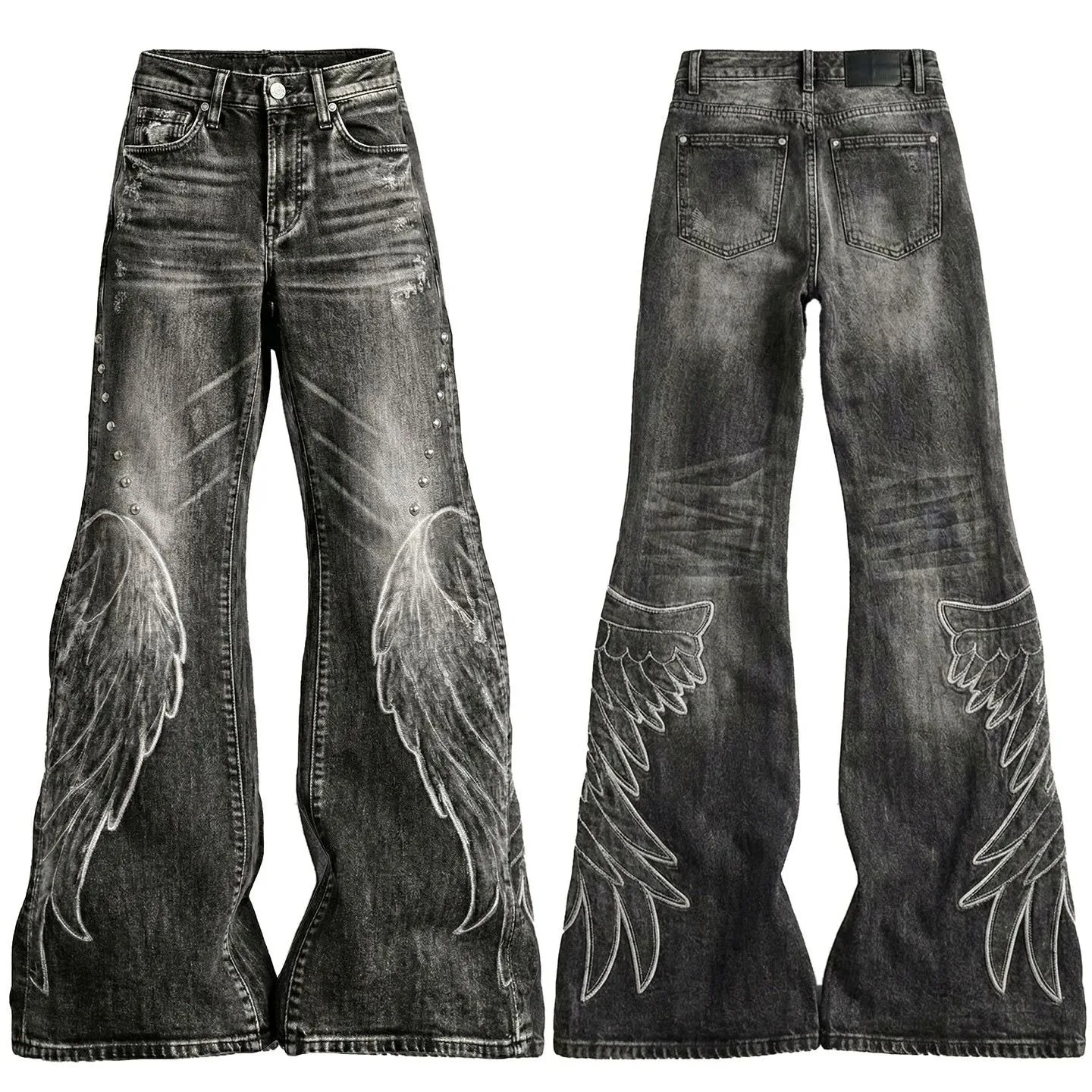Y2K Distressed Wing Patch Embroidery Slight Flare Pants Slim Punk 