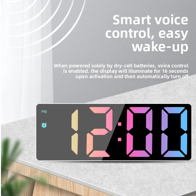 New Ins Simple LED Mirror Digital Alarm Clock Student Desktop Multifunctional Sound Control Dual Power Electronic Clock