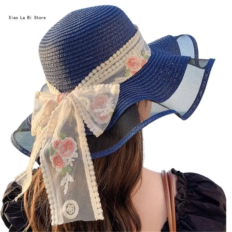 Ribbon Bow Straw Hat Handmade for Dress-up Wear Party Straw Simple Casual Wide Brimmed Hat Beach Hat for Girls XXFD